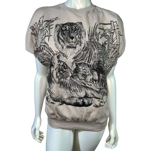 Vintage 90s Tiger Family Glitter Graphic Short Sleeve Sweatshirt Tan Small - Picture 10 of 10